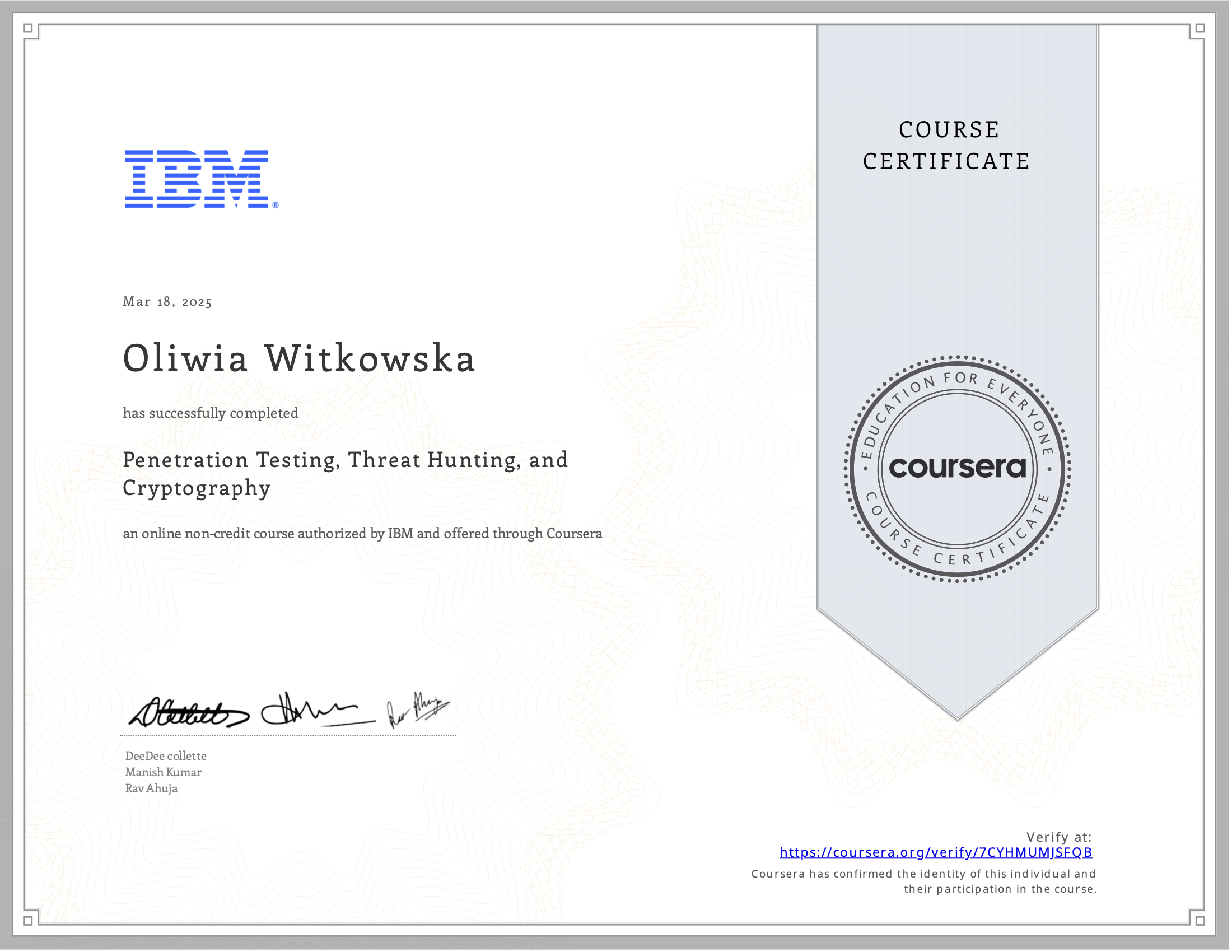 Penetration Testing, Threat Hunting, and Cryptography Certificate